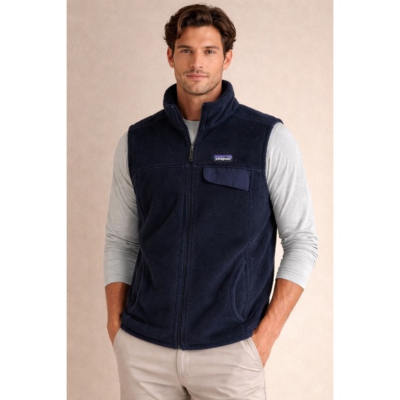 Patagonia Retro Pile Fleece Vest Mens Medium Navy Blue Full Zip 22821